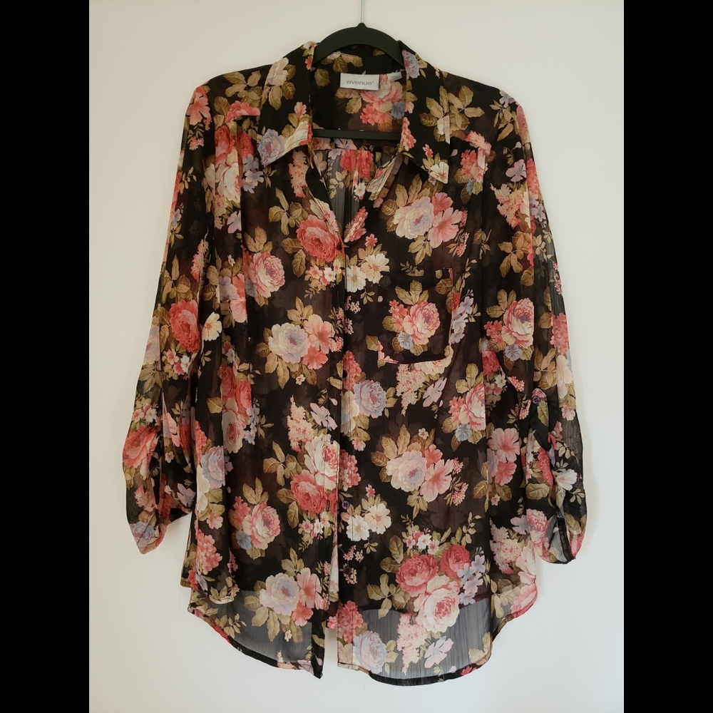 Sheer Button Up Floral Print Blouse